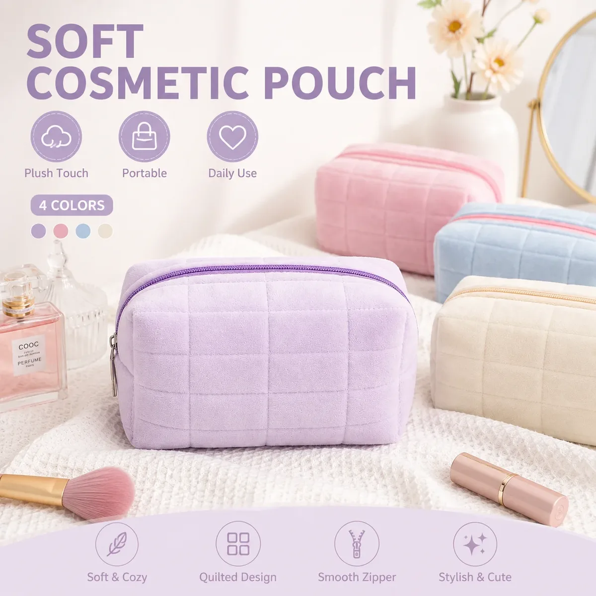 sac de maquillage matelassé en peluche douce, grande capacité, pochette cosmétique portable à fermeture éclair, sac de rangement pour articles de toilette et de soin de la peau pour voyage.