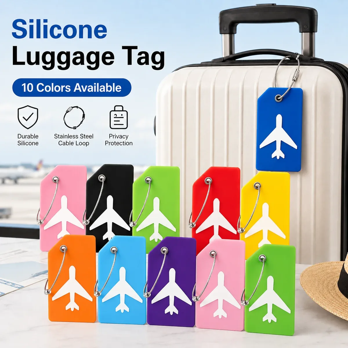 2/5 étiquettes de bagage en silicone, motif avion, identificateur de valise, couleurs vives avec boucle en fil