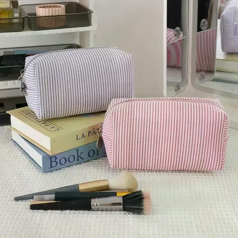 sac à cosmétiques à rayures simples et frais, trousse de maquillage de grande capacité, trousse à crayons, sacs de toilette de voyage, pochette de rangement de toilette