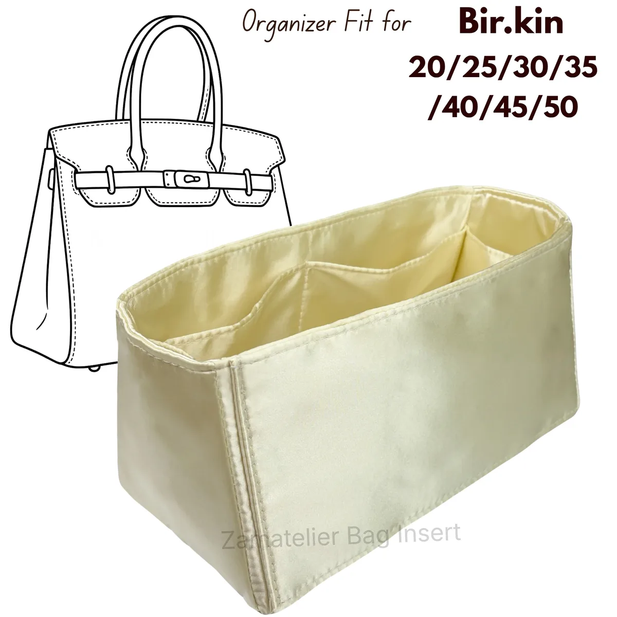 Insert en soie sur mesure pour sac Birkin 30/20/25/35/40/45/50, Organisateur de sac de luxe en satin, Base de protection pour sac