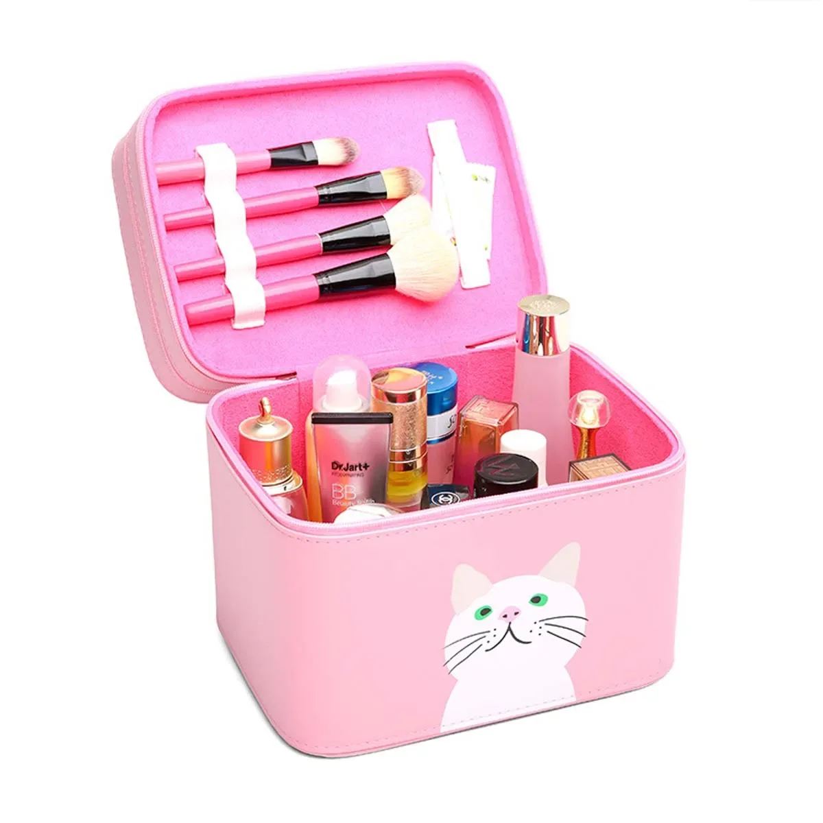 trousse de maquillage en pu pour chaton, sac de voyage portable, double boîte de rangement mignonne, couleur bonbon, vente en gros, nouveau