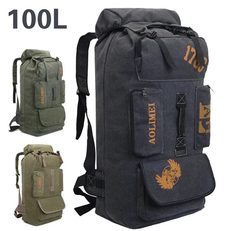 Sac à dos en toile grande capacité 100L, sac à dos de voyage, de camping, de plein air, à double bandoulière, respirant, résistant à l'usure, style streetwear, unisexe
