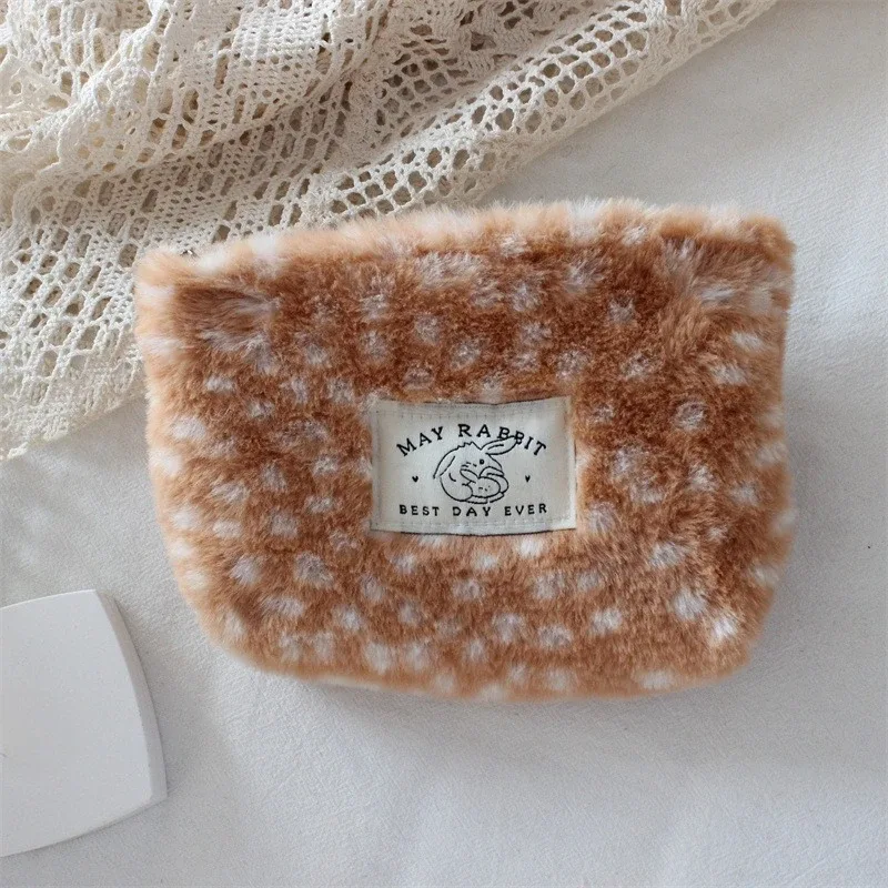 petite trousse de maquillage de grande capacité, organiseur de voyage, porte-monnaie en peluche à motif cerf, étui à rouge à lèvres, trousse à crayons, pochette pour serviettes hygiéniques