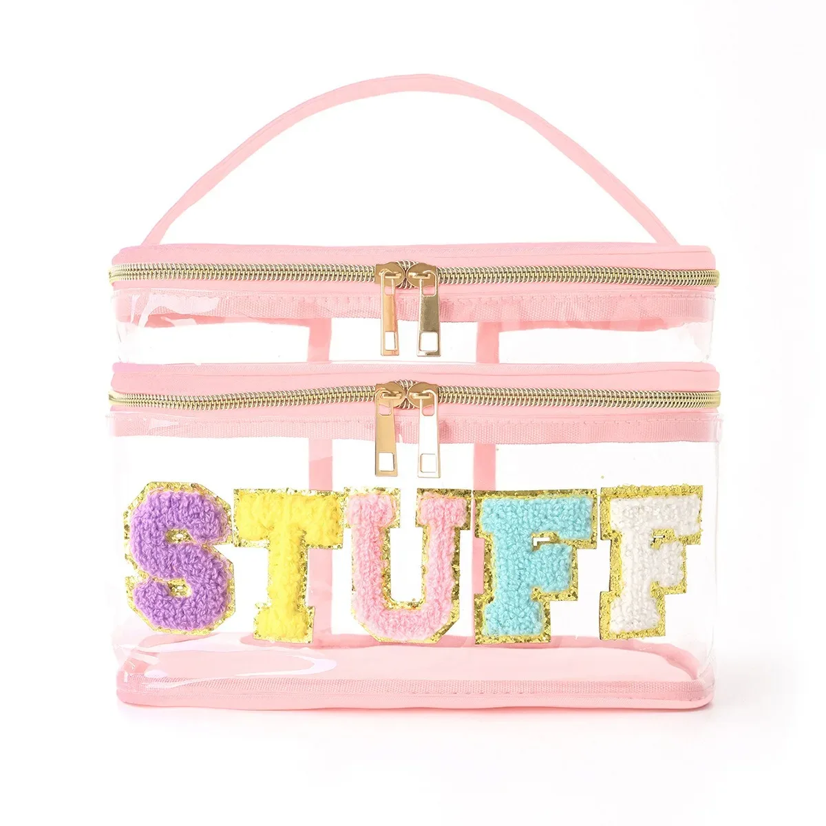 sac de rangement brodé amazon, sac à cosmétiques transparent en pvc à double lettre, sac de lavage de voyage, sac à cosmétiques de grande capacité
