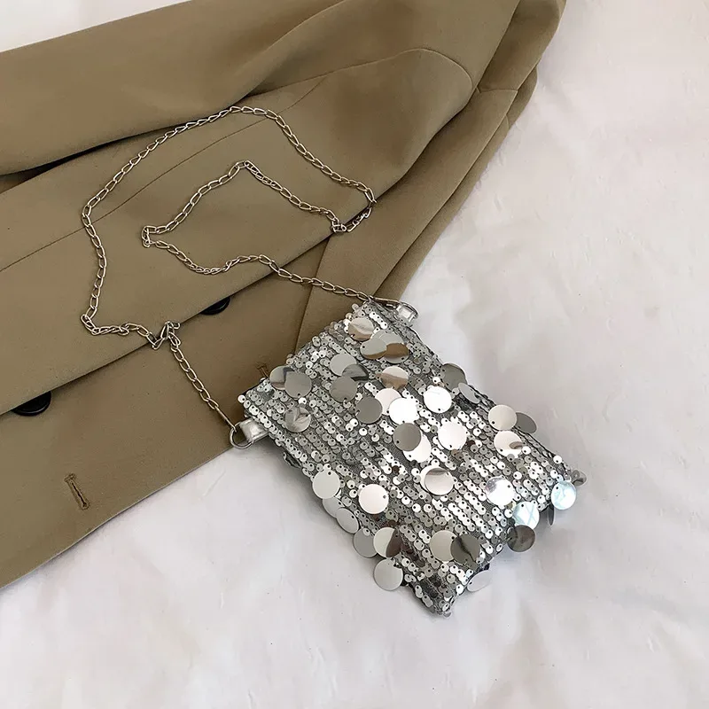 sac bandoulière scintillant à sequins pour femme, pochette de soirée brillante avec chaîne dorée, sac de fête brillant pour club