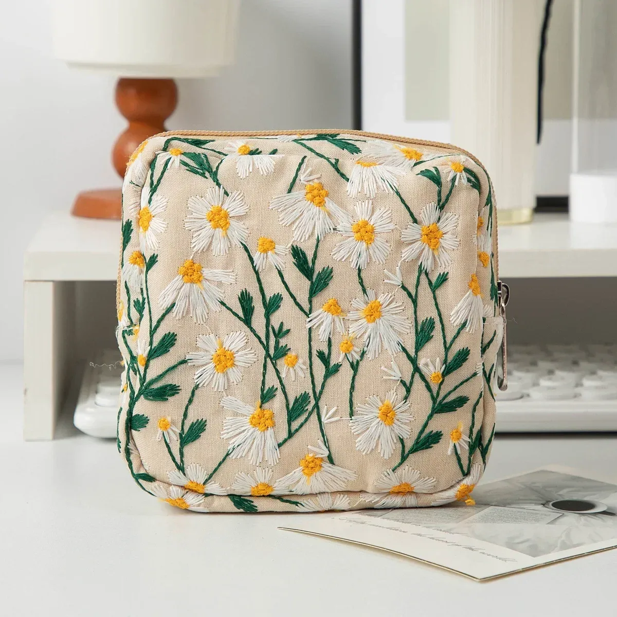 sac à cosmétiques brodé de fleurs, organisateur de maquillage en toile à fermeture éclair, pochette de rangement de voyage, trousse de beauté pour femmes