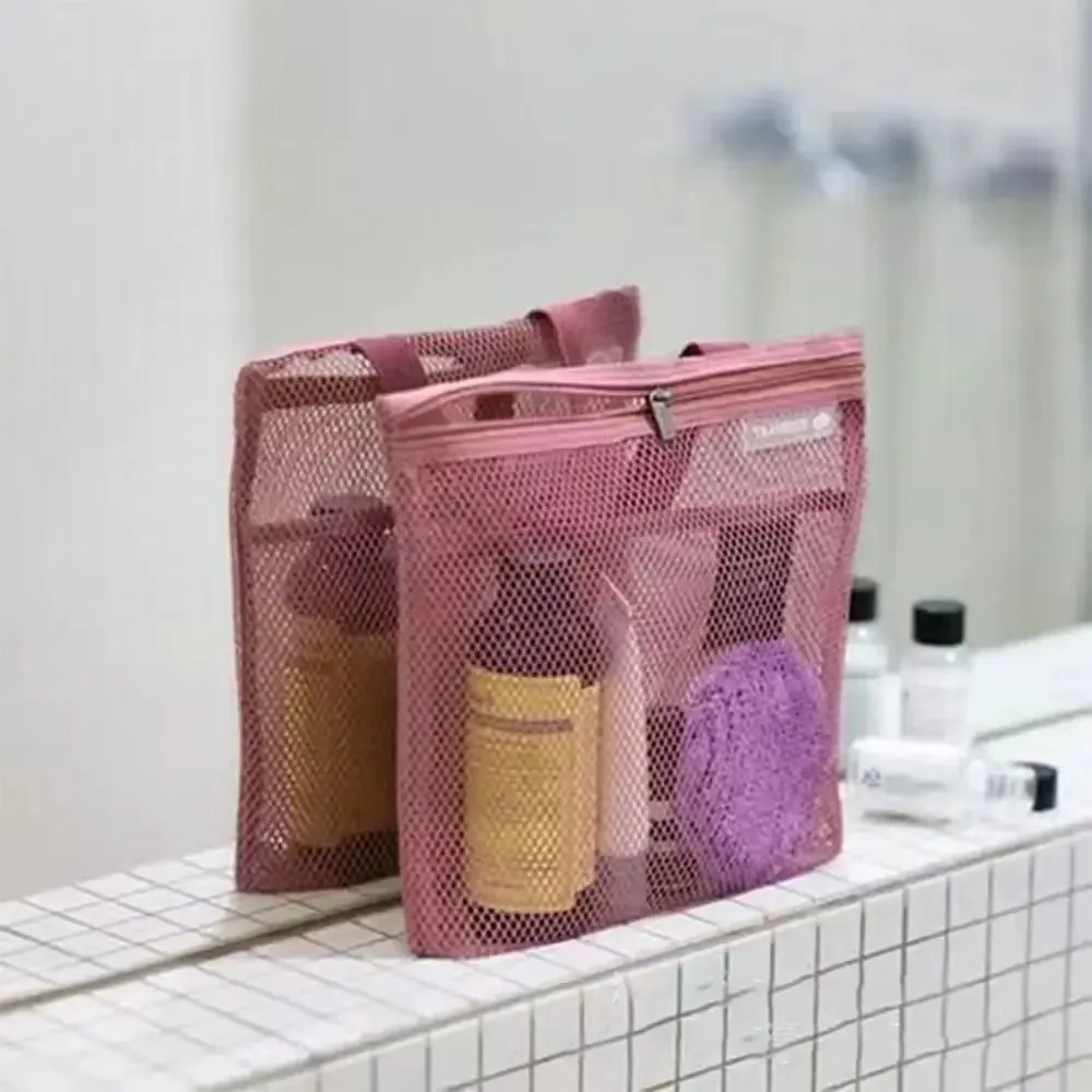 sac de douche de rangement de voyage en maille, sac de toilette de plage, sac à cosmétiques, sac à main en maille, sac de rangement d'articles de toilette pour l'extérieur suppleis