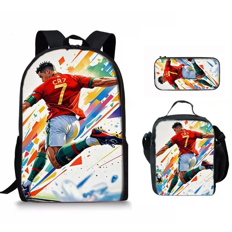 sac d'école décontracté à imprimé cr7 avec sac à déjeuner et trousse à crayons, ensemble de 3 pièces, sacs à dos pour étudiants du primaire, garçons et filles, cadeaux d'anniversaire