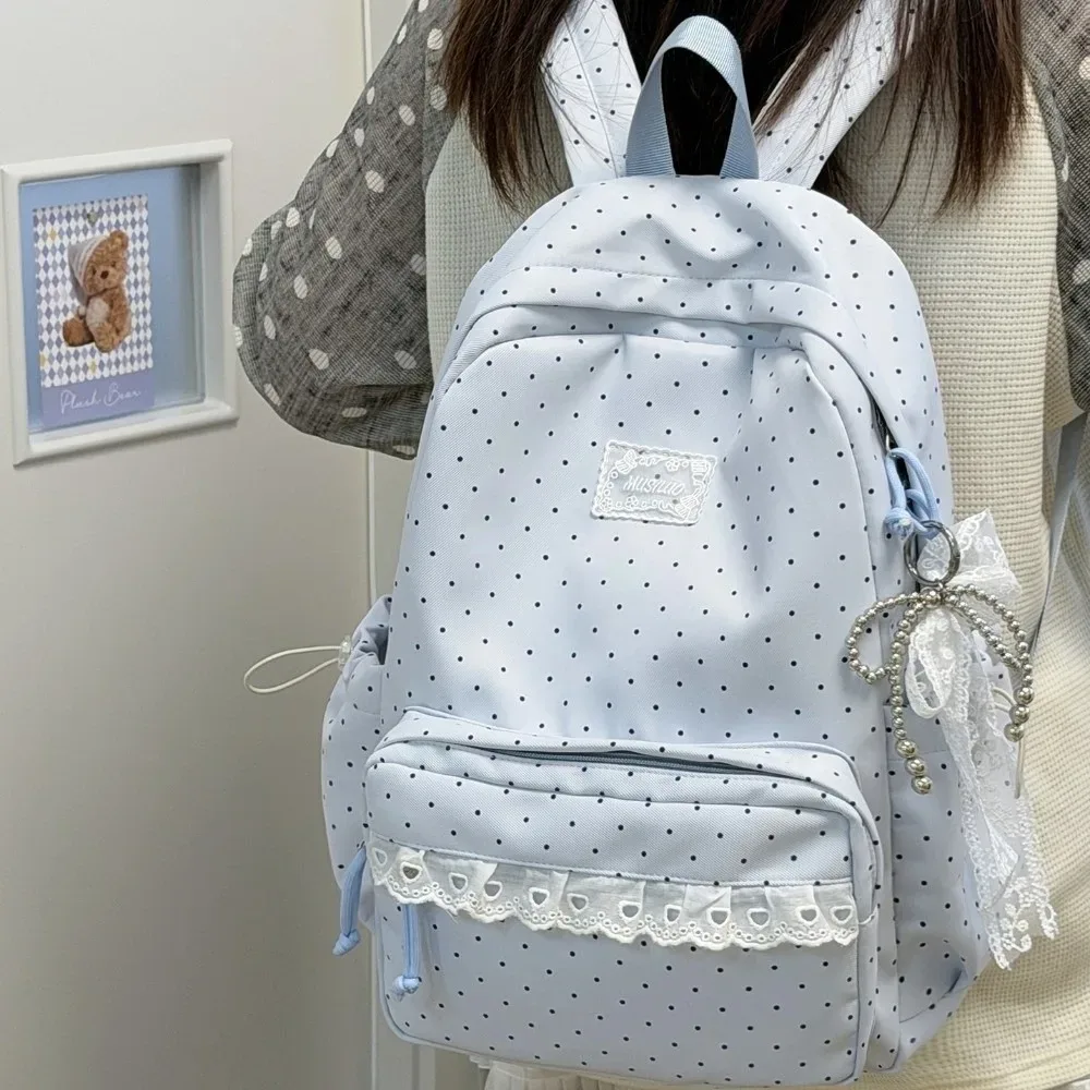 Sac à dos de voyage mignon à pois avec dentelle, grande capacité, cartable d'étudiant en nylon, sac à dos multi-poches pour ordinateur portable