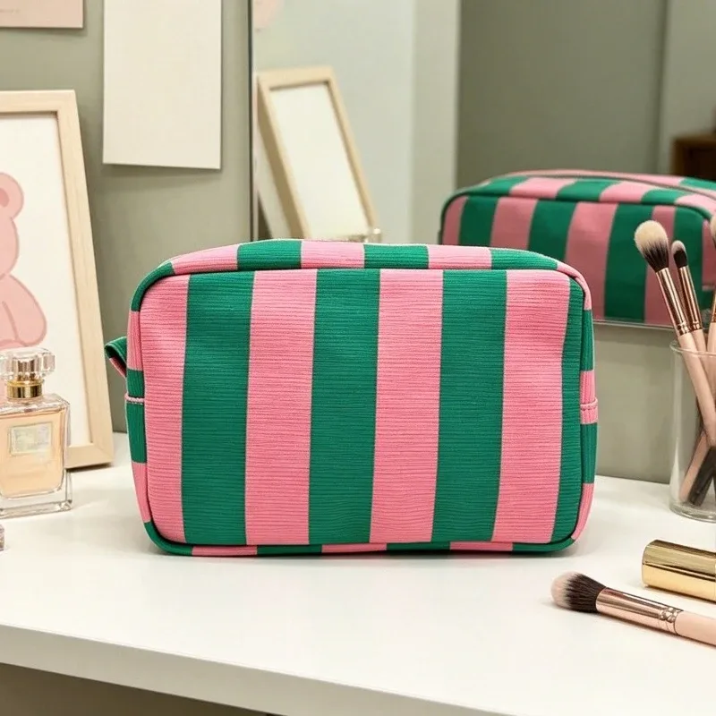 sac de maquillage rayé en forme de boîte pour femmes, sac à cosmétiques portable avec fermeture éclair, organisateur de voyage, pochette de rangement pour articles de toilette féminins