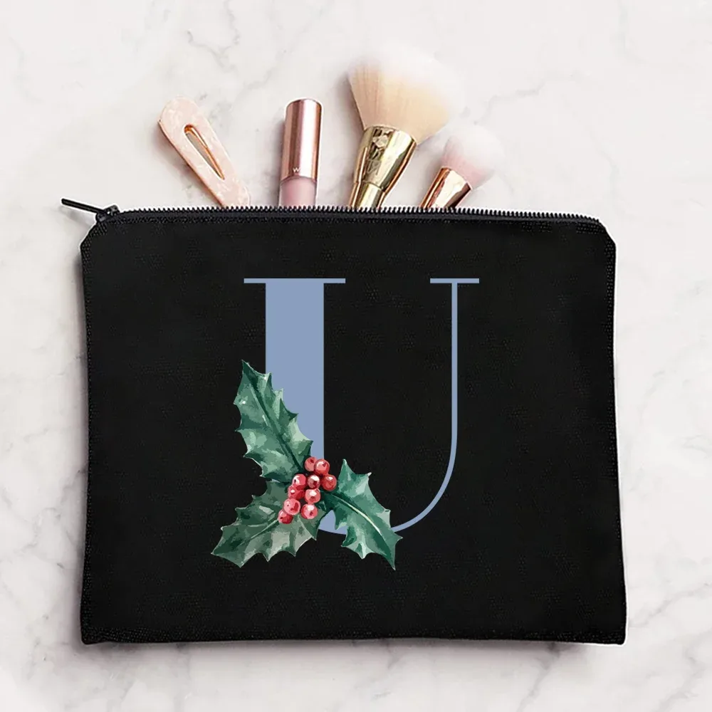 sac à cosmétiques en tissu pour femmes, pochette de maquillage, sac de voyage, rouge à lèvres, étuis de rangement, pochette à fermeture éclair, porte-monnaie de téléphone, initiales bleues imprimées