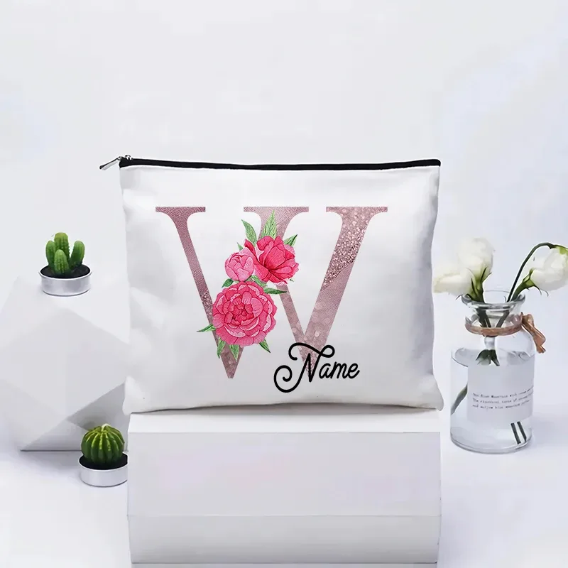 trousse de maquillage personnalisable avec prénom, cadeau de mariage, grande pochette en toile à fermeture éclair, motif floral pivoine, essentiels de voyage, maquillage