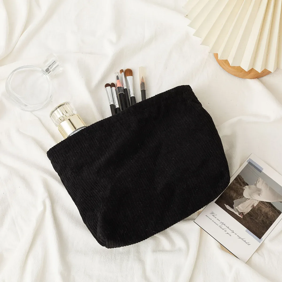 sac à cosmétiques en velours côtelé pour femmes, organisateur de maquillage coréen de couleur unie, pochette de toilette de voyage, trousse de beauté