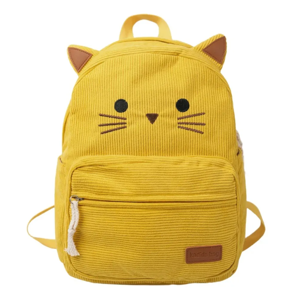 sac à dos mignon en velours côtelé imprimé multicolore motif chat de dessin animé, avec plusieurs poches, léger, idéal pour les étudiants et les voyages.
