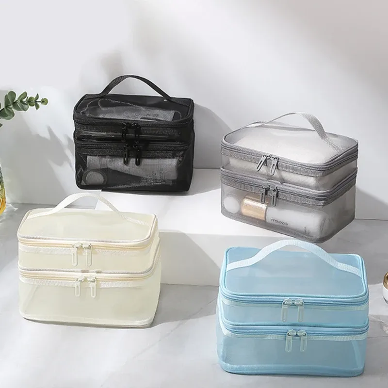 sac de rangement de cosmétiques de voyage à 2 couches, pochette de rangement transparente pliante en maille à fermeture éclair, sac de kit de lavage de maquillage de grande capacité 2024