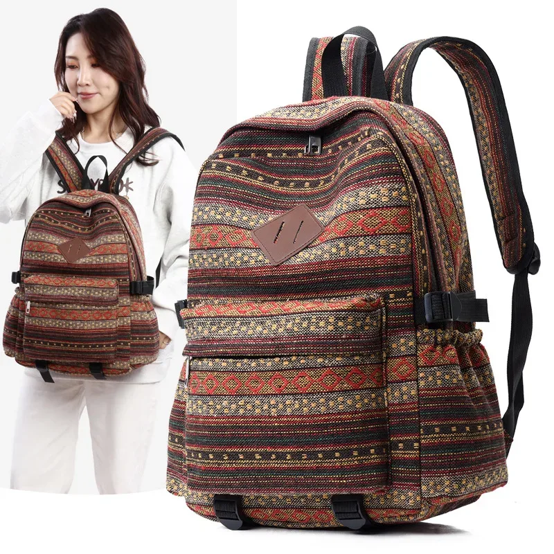sac à dos de voyage décontracté en coton et lin, style ethnique, grande capacité, unisexe, pour loisirs en extérieur, résistant à l'usure, rayé