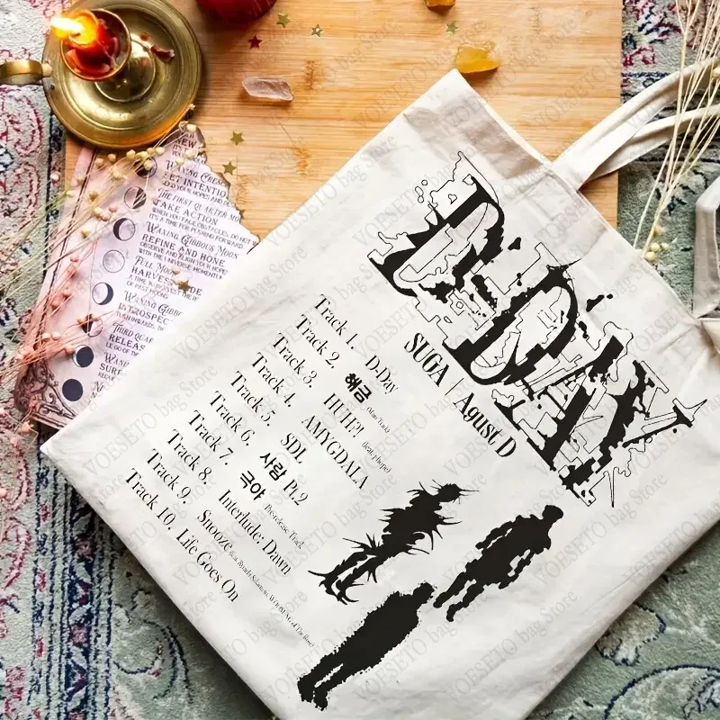 agust d print tote bag for gérers, album shopping bags, world tour, casual canvas, initiated bagages bags