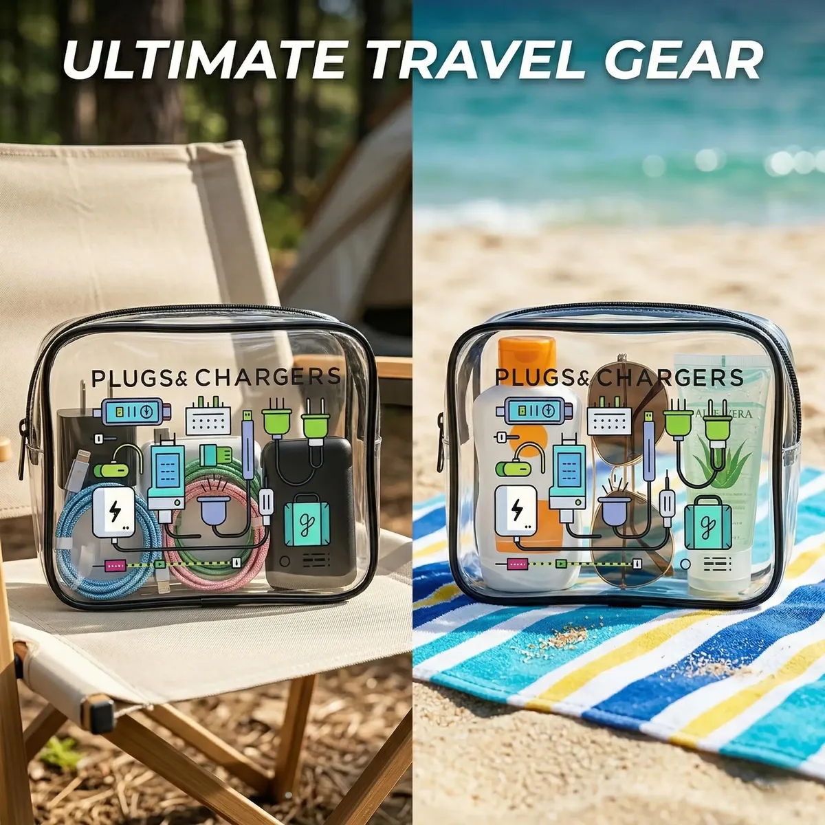 1 pièce sac de rangement transparent pour voyage, essentiel pour les vacances d'été, étanche, pour le camping, la plage, les accessoires électroniques et les prises