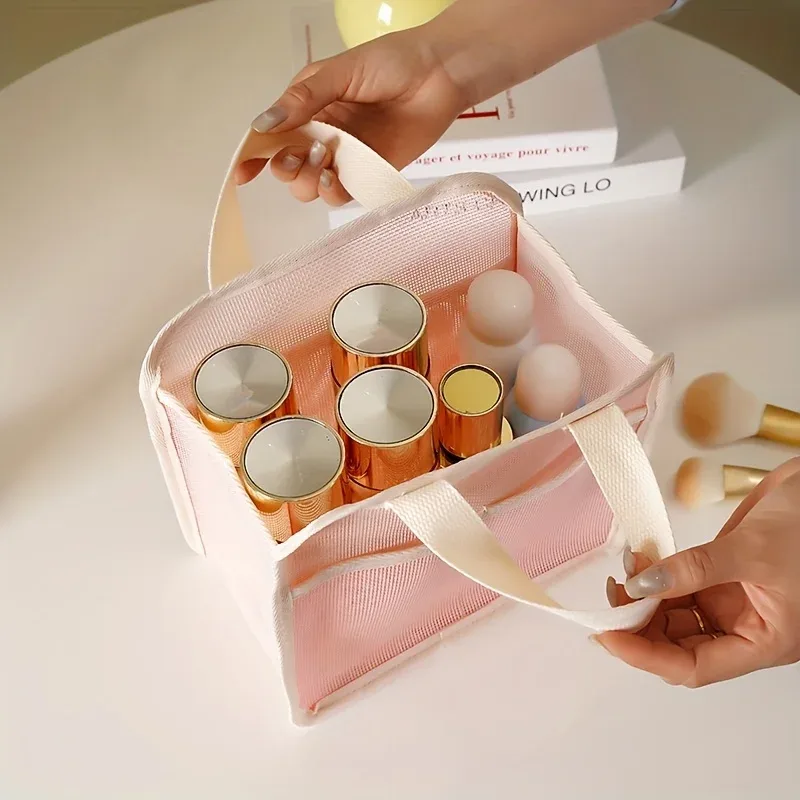 sac à main en maille 1 pièce, trousse de maquillage design, sac de voyage portable pour rouge à lèvres, sac de rangement cosmétique, trousse de toilette, sac de bain transparent