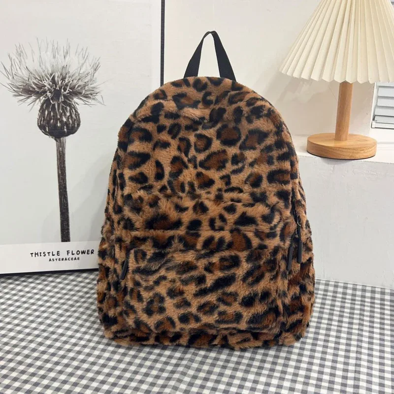 sac à dos léopard en peluche, sac d'école pour adolescents, grande capacité, mode étudiants, sac à dos élégant à bandoulière pour voyage en plein air
