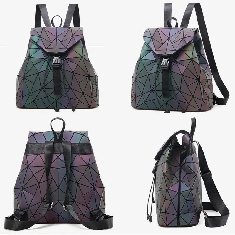 sac à dos lumineux tendance pour femmes, sac à dos pliable à cordon de serrage, sac à dos à paillettes triangulaires avec bande réfléchissante, sac pour étudiantes