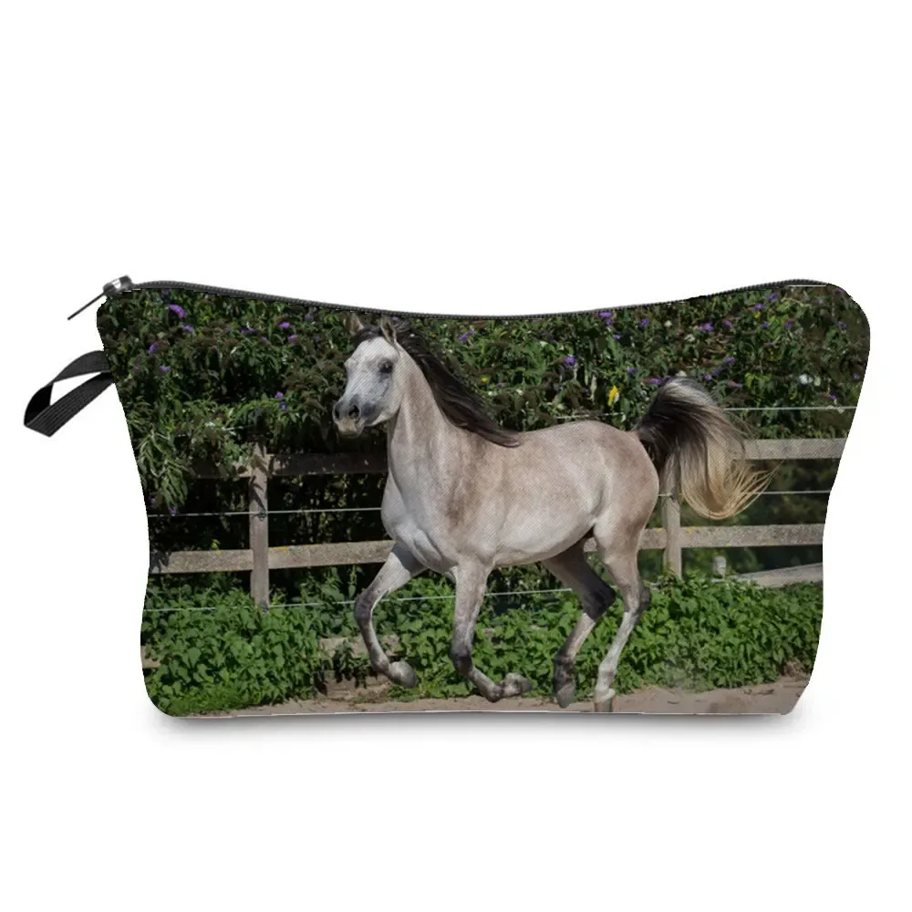 sacs de maquillage imprimés cheval pour femmes, sac à cosmétiques décontracté pour filles, mini trousse de toilette écologique réutilisable de voyage, trousse à crayons pour étudiants