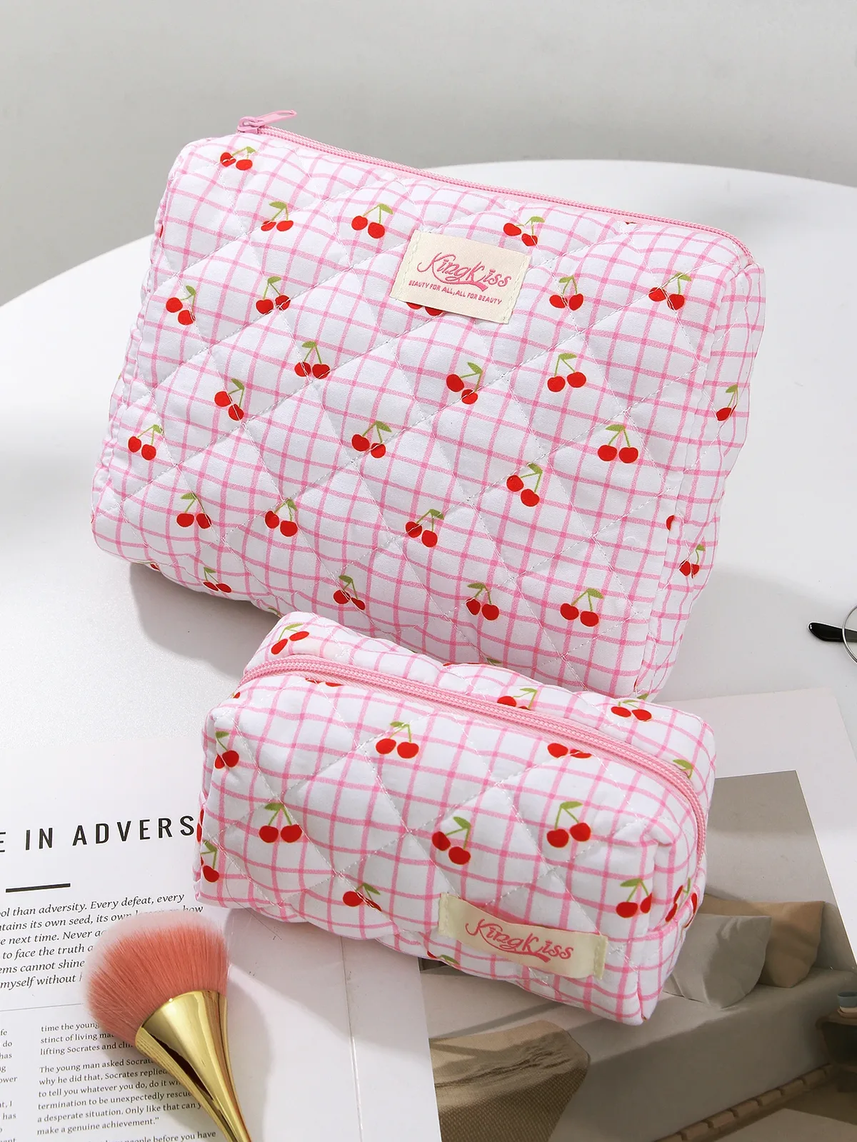 grand sac de maquillage matelassé cerise rose 1 pièce/ensemble, trousse de maquillage mignonne, trousse de maquillage de voyage, trousse de rangement de maquillage pour femmes et filles