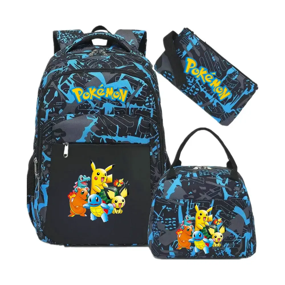 Sac à dos camouflage Pikachu tendance avec sac à déjeuner pour adolescents, sacs d'école pour étudiants, ensemble de voyage décontracté