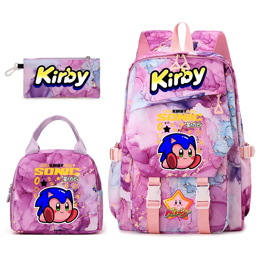 ensemble de sacs à dos pour étudiantes avec imprimé kirby, sac à déjeuner et trousse à crayons, sac à dos scolaire léger