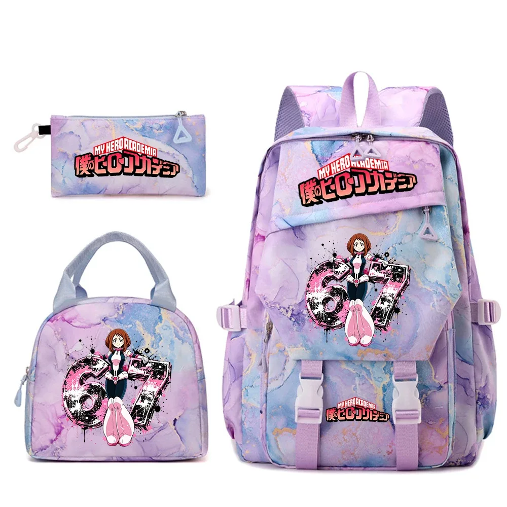 ensemble de sac à dos scolaire imprimé my hero academia ochaco uraraka 67 pour filles, sac à déjeuner, trousse à crayons, sac à dos décontracté