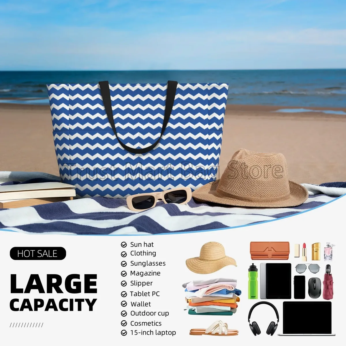 grand sac de plage bleu rayé pour femme, étanche, sac fourre-tout anti-sable, sac de piscine avec fermeture éclair et poches, voyage, vacances, salle de sport
