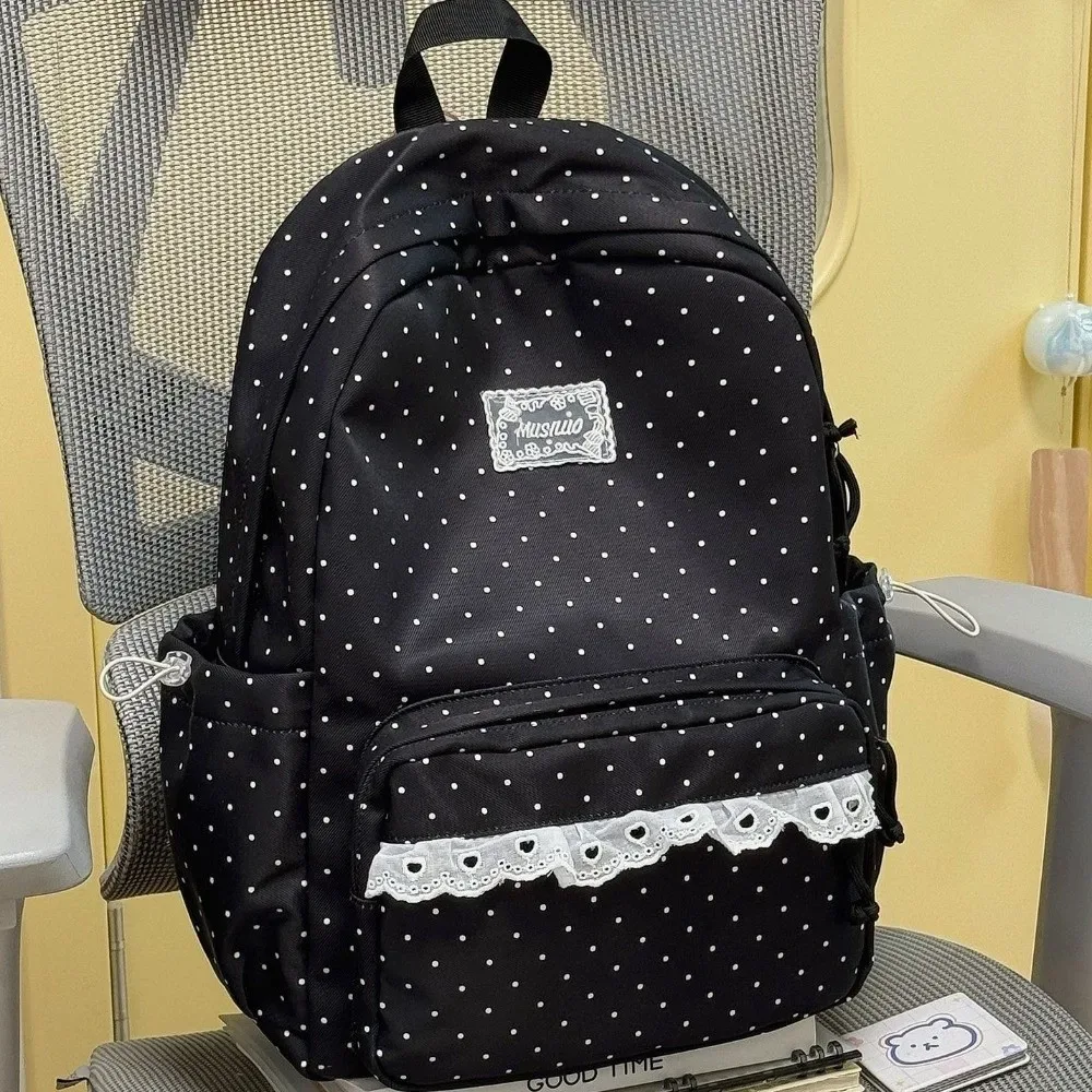 sac à dos de voyage à pois tendance avec dentelle en nylon, cartable d'étudiant multi-poches grande capacité, sac à dos pour ordinateur portable mignon pour femme