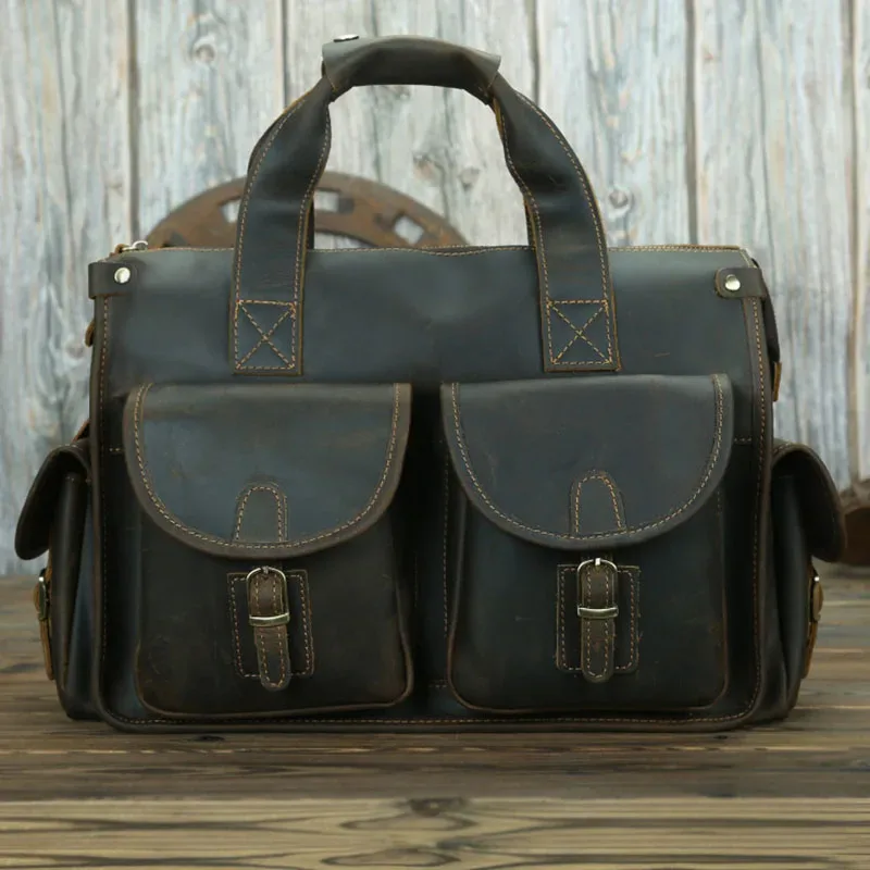 Porte-documents Vintage en cuir de vache véritable pour homme, sac d'ordinateur portable de 15 pouces, sacoche d'affaires, fourre-tout de travail