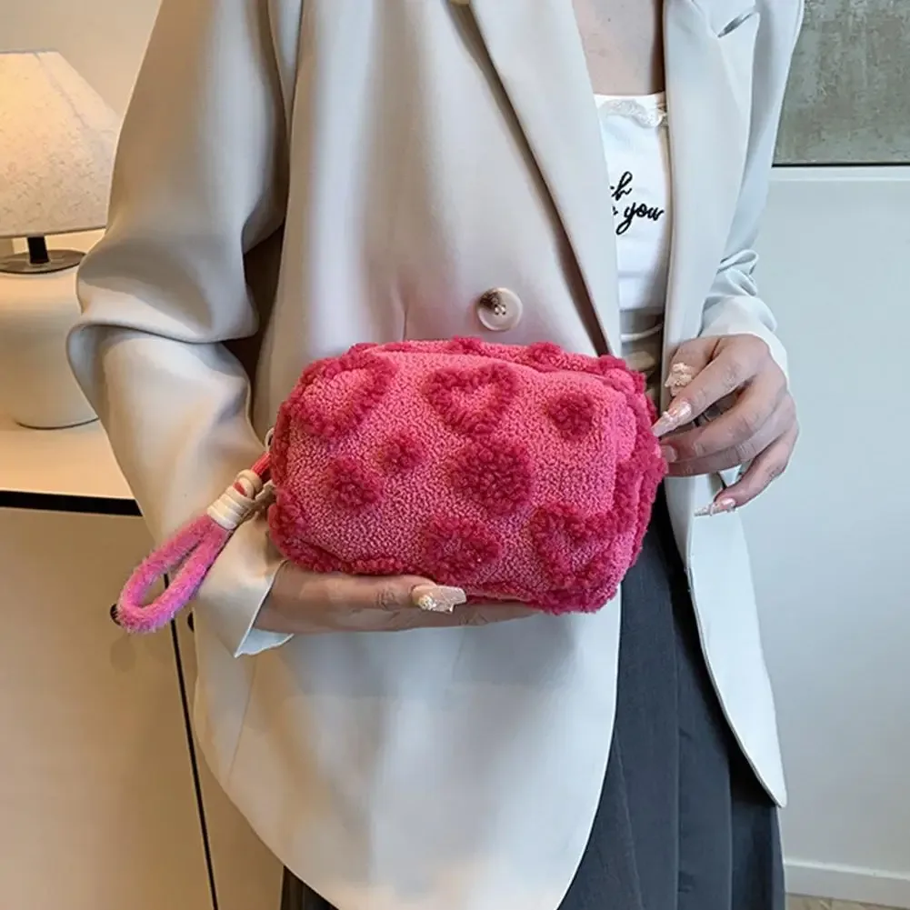 pochette de maquillage kawaii moelleuse avec dragonne, motif cœur, trousse de toilette de voyage, sac de rangement pour cosmétiques et beauté