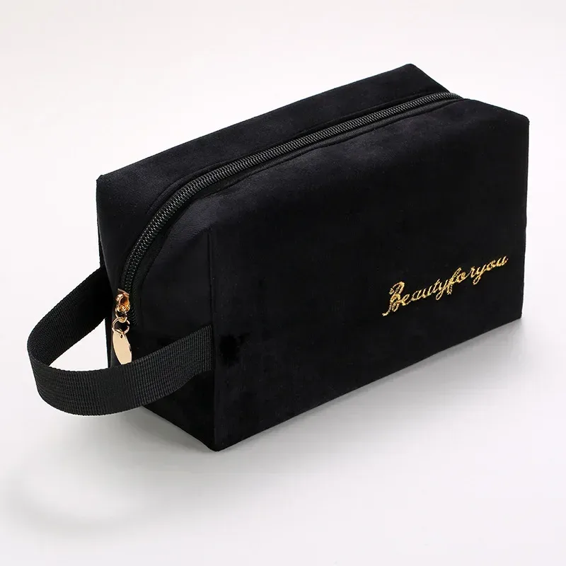trousse de maquillage en peluche, trousse à cosmétiques pour femmes, grande trousse de toilette de voyage de couleur unie à fermeture éclair, pochette de lavage de beauté