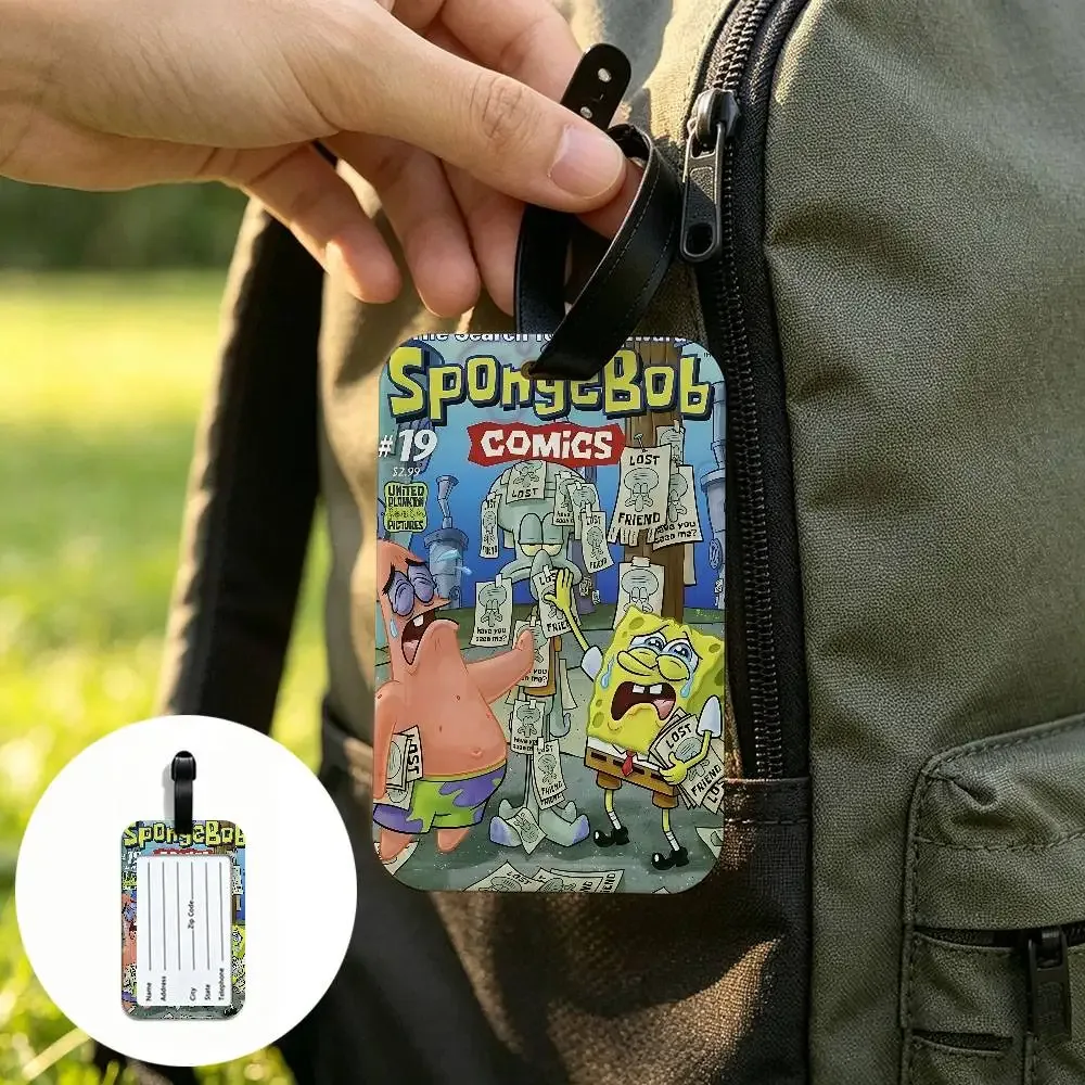 étiquette de bagage portable anti-perte en pvc, motif dessin animé mignon s-spongebob, porte-carte d'informations pour valise, sac à dos, étiquette de voyage