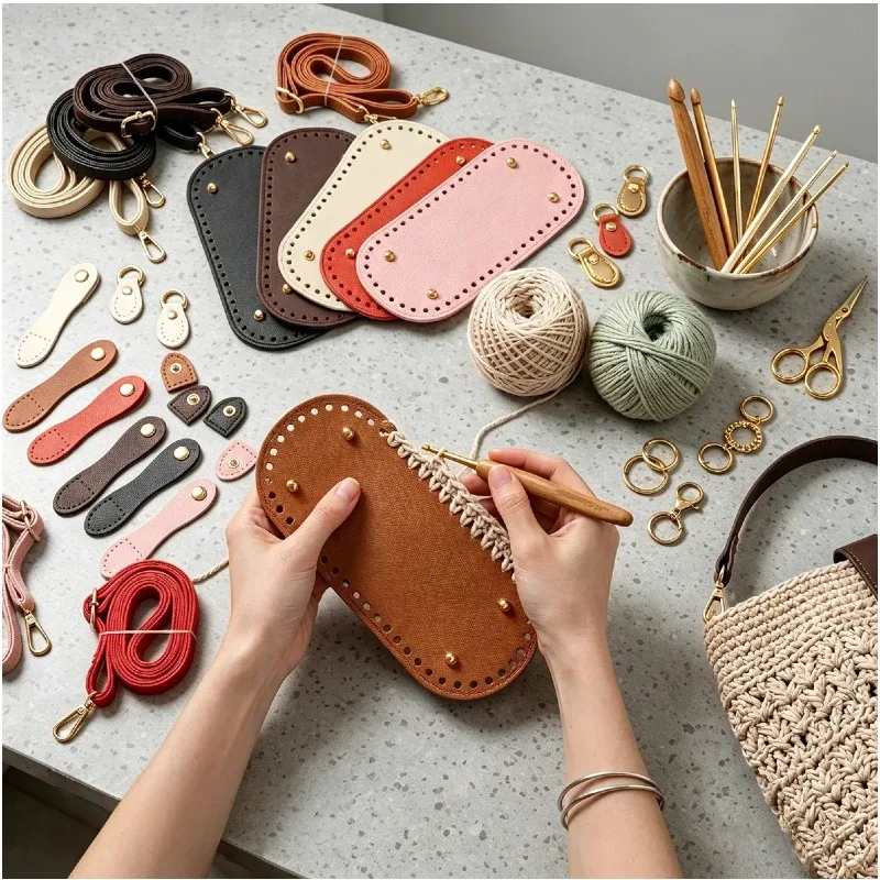 lot de 6 pièces : base de sac en cuir pu ovale avec sangle de poignée tressée, incluant boucle de bandoulière remplaçable et coussinet de fond de sac en crochet, idéal pour sacs à bandoulière, sacs à main et projets diy faits main.