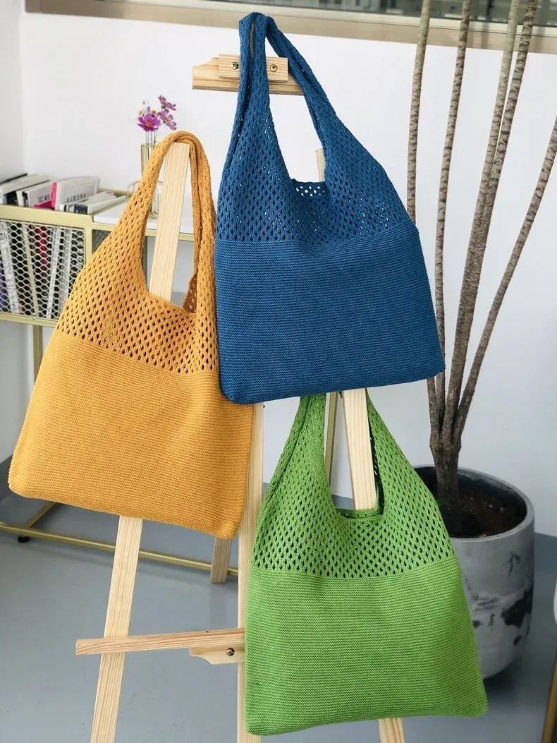 sac fourre-tout en laine tricoté de couleur unie, nom personnalisé, sac de shopping pour femmes, sac à main rétro ajouré, sacs à main doux brodés personnalisés