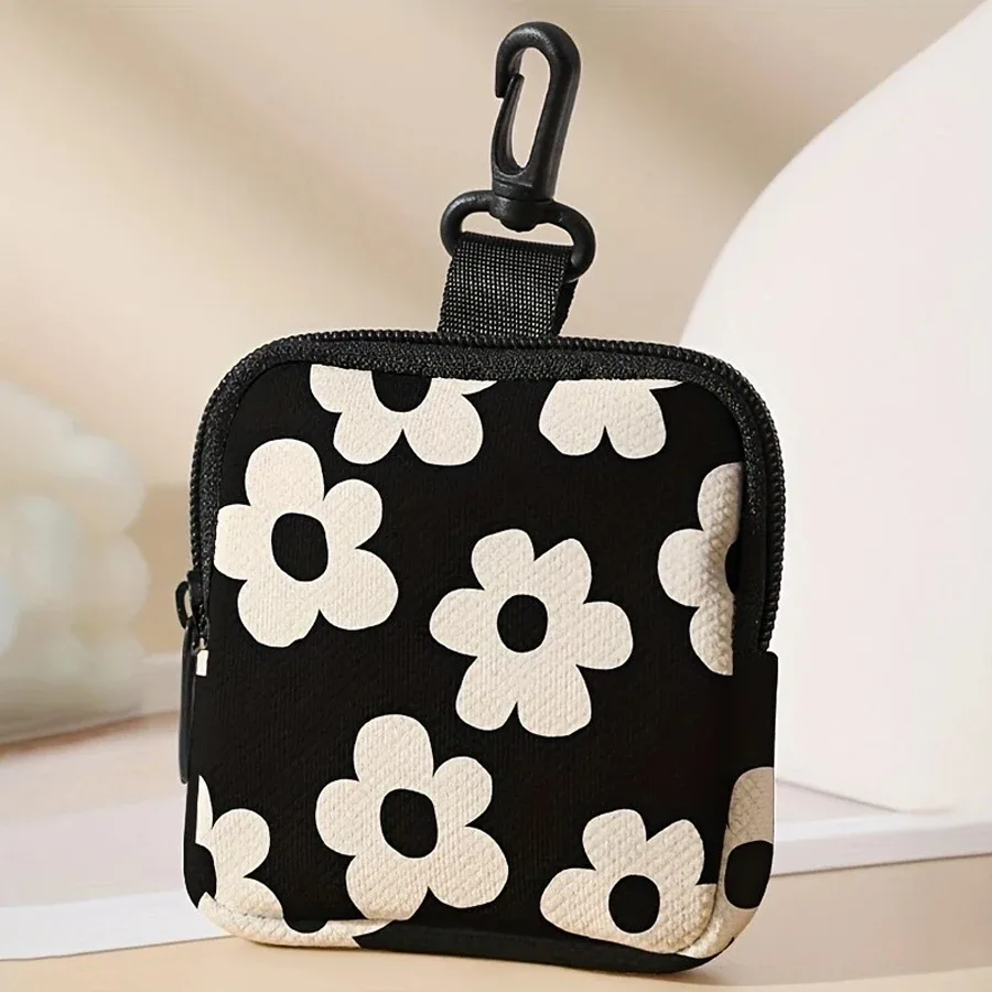 porte-monnaie noir à imprimé floral, en similicuir, imperméable, imprimé coloré, sac de rangement à fermeture éclair, mini étui multifonctionnel pour écouteurs