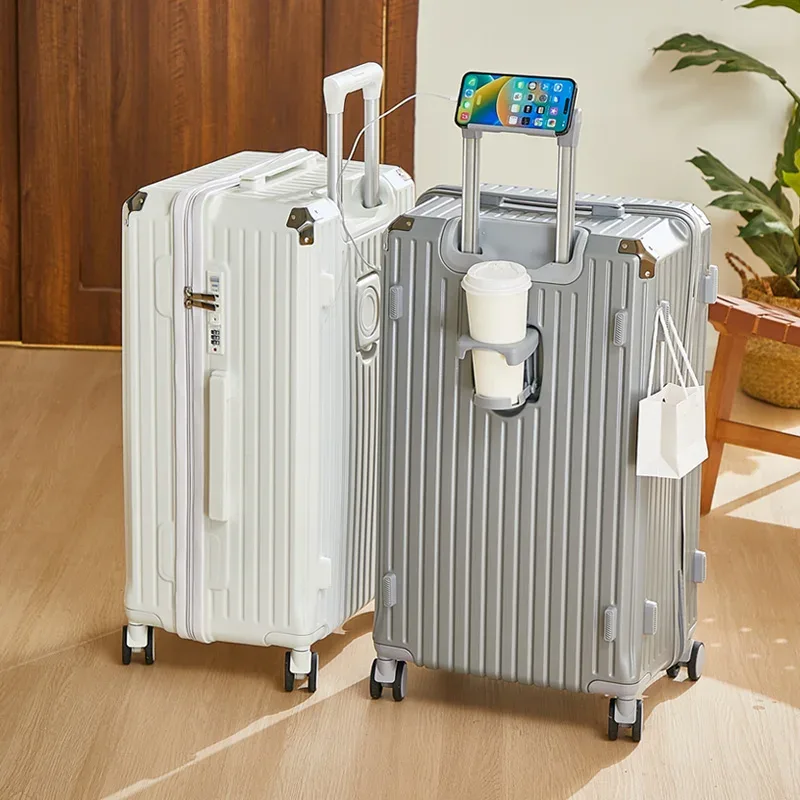 bagage roulant de grande capacité de 20 à 26 pouces, avec porte-gobelet, sac de voyage, support de téléphone portable pratique, valise roulante de voyage simple