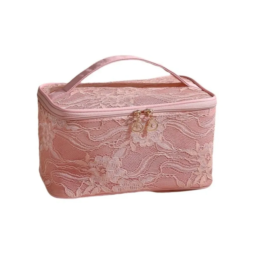 pochette de rangement en dentelle de couleur unie, sac de maquillage de grande capacité avec poignée, sac de rangement pour cosmétiques, trousse de toilette florale respirante pour femmes