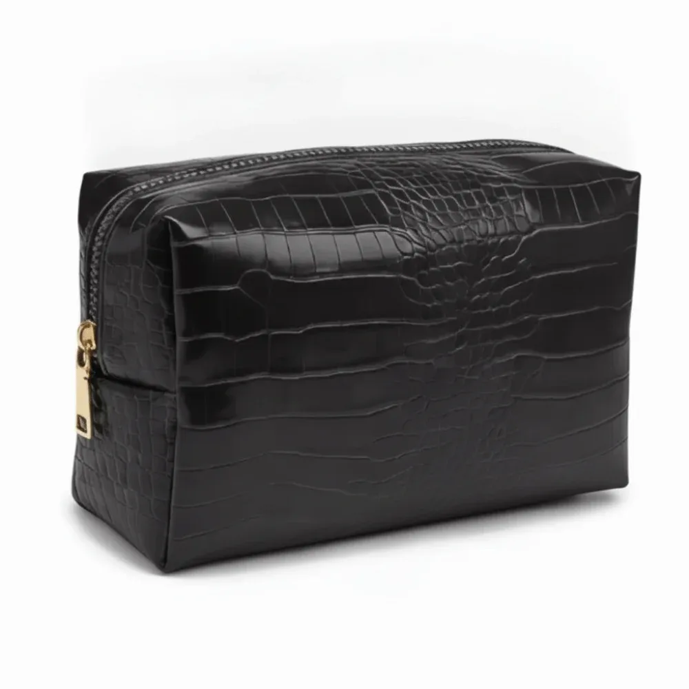 sac à maquillage en cuir pu imperméable, grande capacité, motif crocodile gaufré, fermeture à glissière, pochette cosmétique, utilisation en voyage
