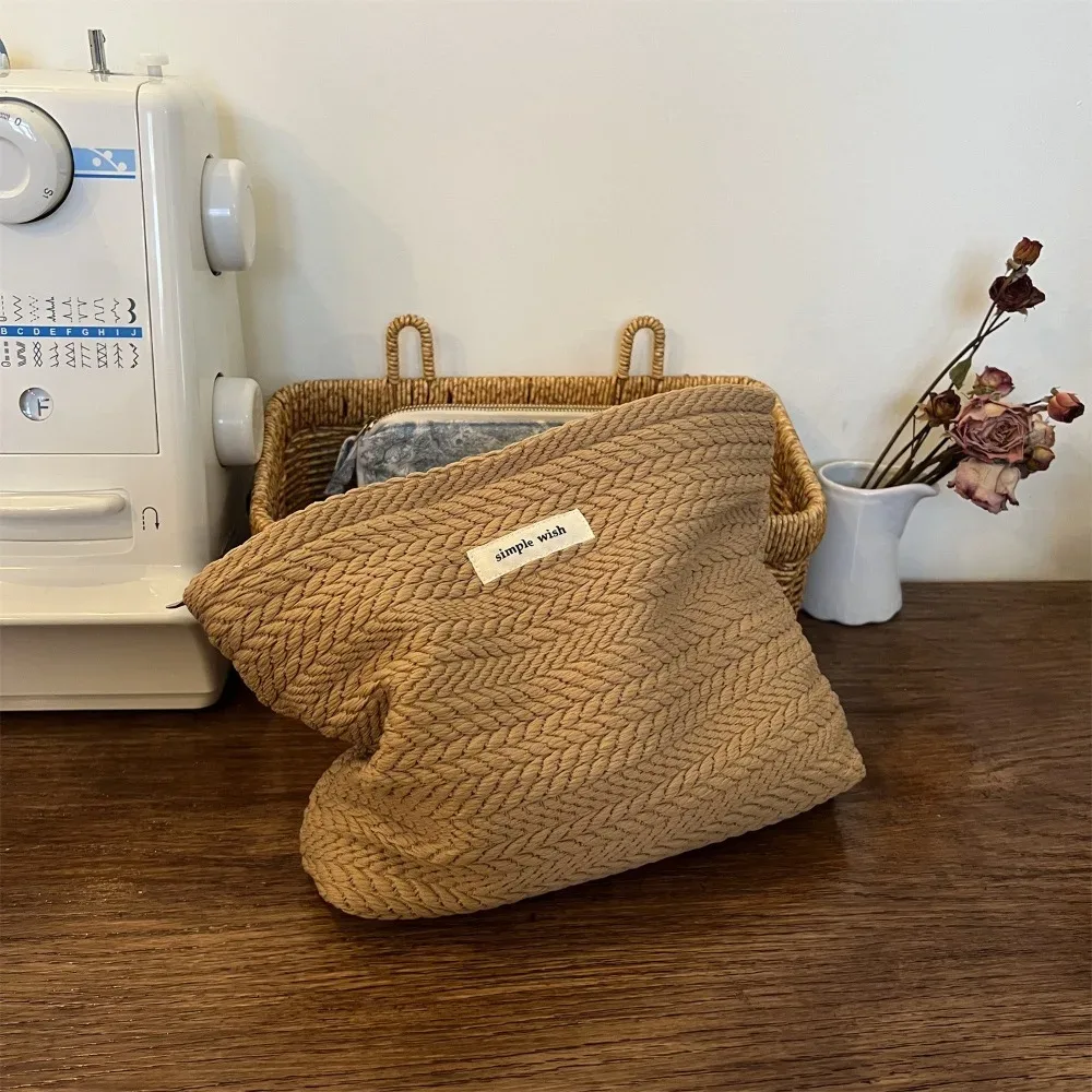 sac de maquillage portable de grande capacité, couleur unie, en tissu tissé, sac cosmétique beige, pochette couleur café, pour l'extérieur