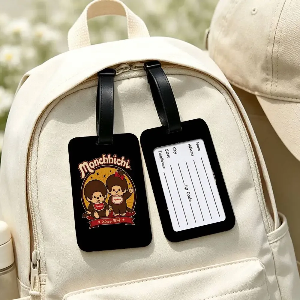 étiquette de bagage en pvc imperméable monchhichis avec carte d'information, étiquette d'identification anti-perte pour bagages et sacs d'école