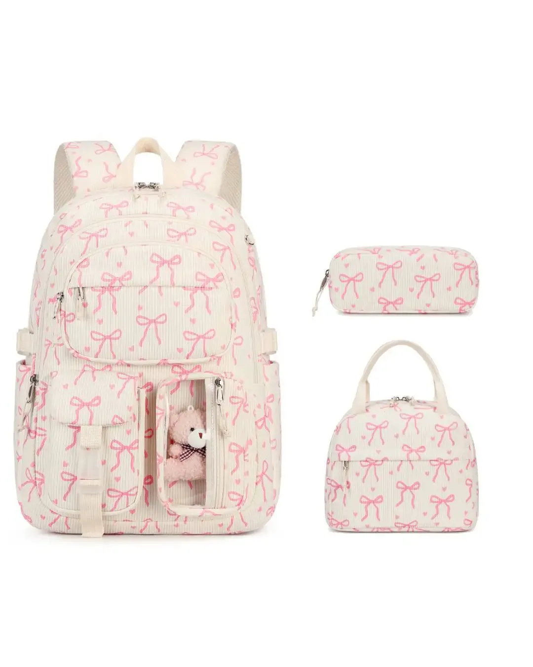sac à dos d'université en velours côtelé, 3 pièces, avec sac à déjeuner, trousse à crayons, mignon fille, école, imprimé fraise, ensemble de sac à dos pour adolescentes et femmes