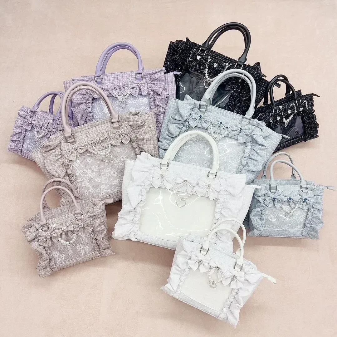 sac à main en dentelle à volants pour femmes et filles, sacoche de style japonais, fourre-tout carré avec nœud papillon en perles, sacs à main portables initiés