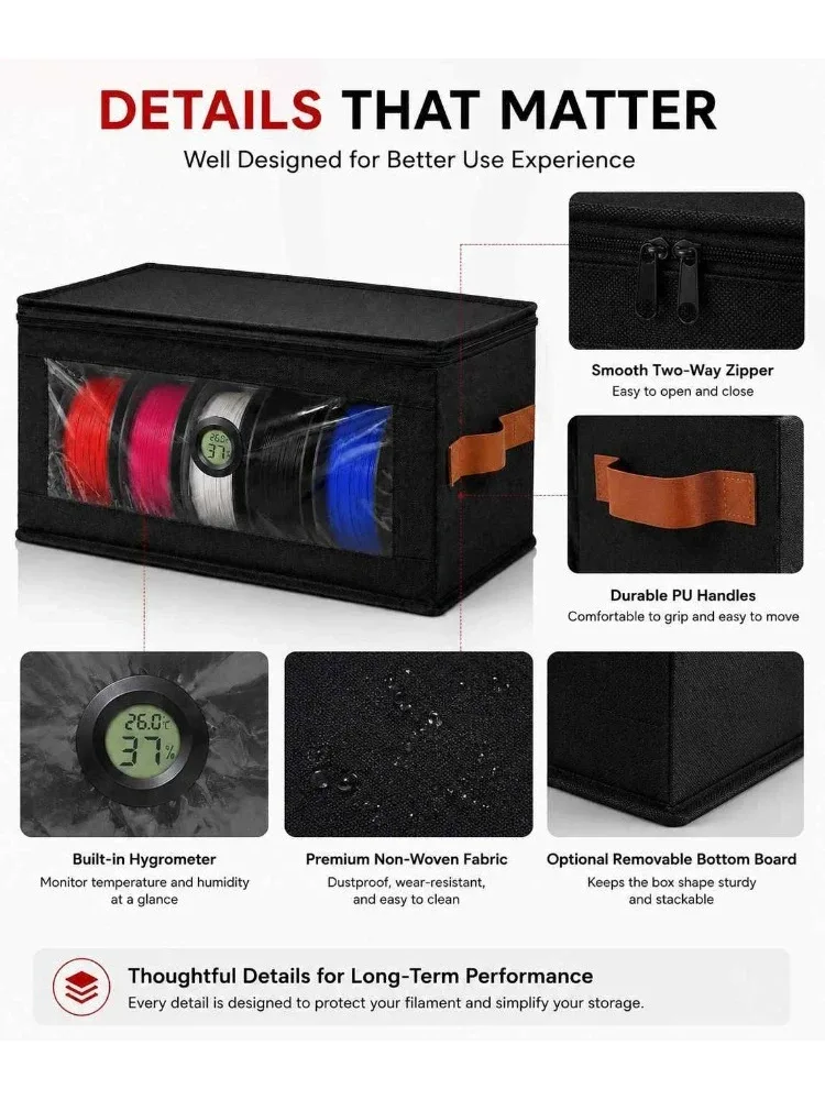 boîte de rangement pour filament d'imprimante 3d, organisateur pliable non tissé avec hygromètre et fenêtre transparente pour la maison, le bureau et l'espace de travail d'impression 3d
