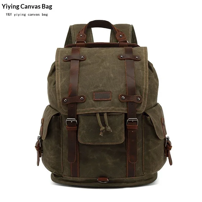 Sac à dos vintage en toile et cuir imperméable, sac de voyage, mochila vintage masculine, sac à dos pour homme, sac à dos pour ordinateur portable en toile cirée