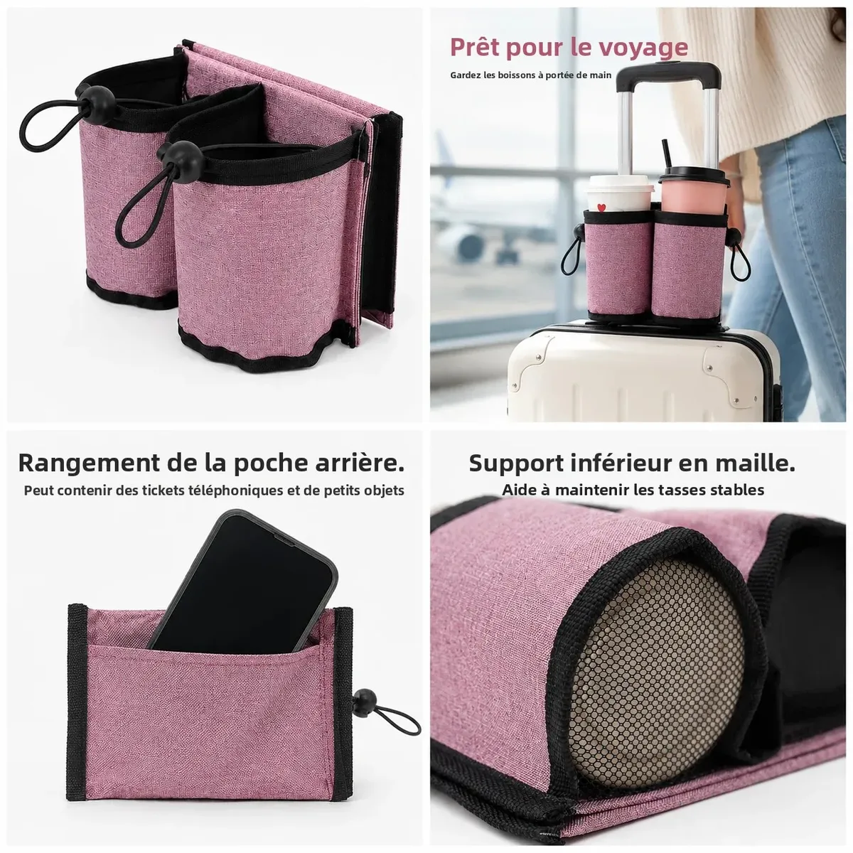 porte-gobelet de voyage pour bagages, support de boisson pour poignée de valise, manchon à double poche en polyester pour l'aéroport, les voyages et le rangement quotidien