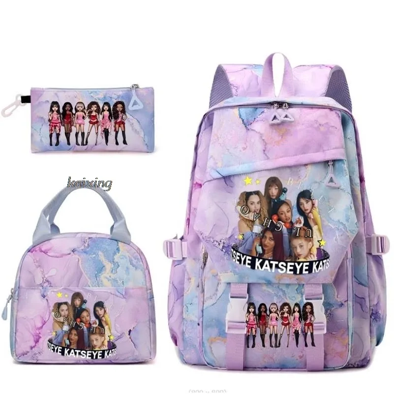 nouveaux sacs à dos katseye à imprimé amusant, 3 pièces/ensemble, sac d'école pour étudiants, sac de voyage pour adolescents, filles et garçons, sacs à lunch, sac à dos